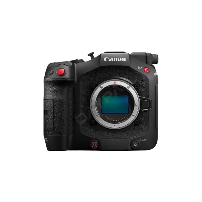 デイペイレンタル｜DAYPAY RENTALで人気のカメラレンタル、キヤノンのシネマカメラ「Canon EOS C80」の本体正面の製品画像。RFマウントやセンサー、操作ボタンが確認できる撮影機材レンタル向けの外観。