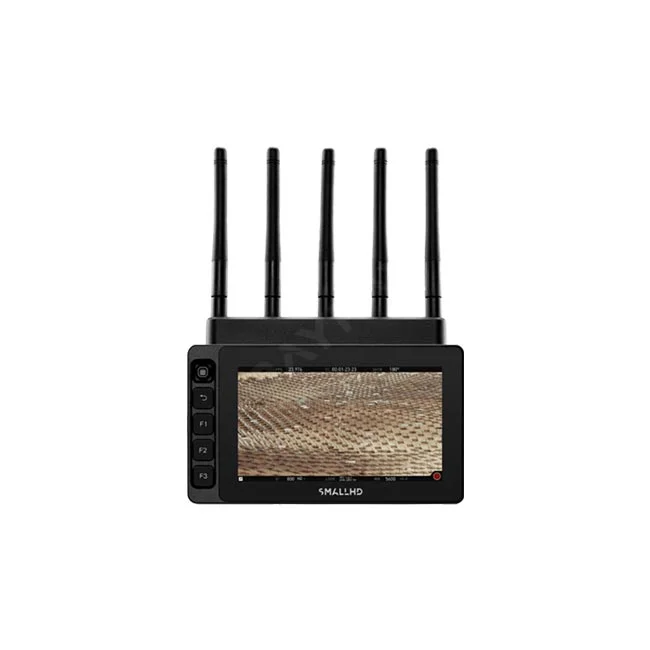 デイペイレンタル｜DAYPAY RENTALでレンタルできるSmallHD Ultra 5 Bolt 6 RX 750の撮影機材・モニター本体。5本のアンテナが上部に立ち、画面左側に物理ボタンが配置されたワイヤレスビデオレシーバーの正面図。