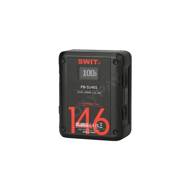 撮影機材レンタルならデイペイレンタル｜DAYPAY RENTAL。SWIT Vマウントバッテリー PB-S146Sの本体正面（ディスプレイに100%表示）