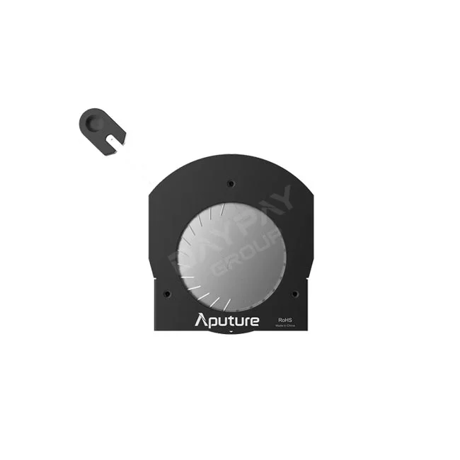 デイペイレンタル｜DAYPAY RENTALでレンタル可能なAputure Spotlight Max Irisの製品画像。Aputureロゴが入った黒い本体と24枚の羽根構造の絞りアクセサリー、および専用の小型パーツが配置されています。