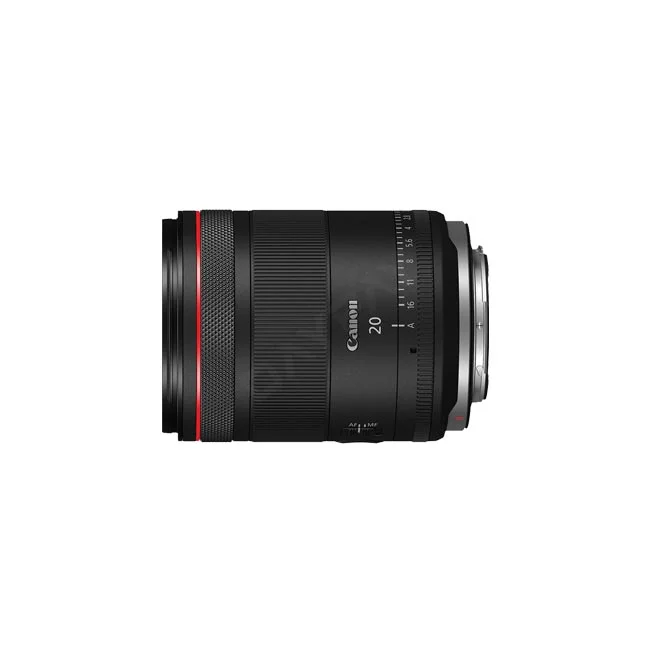 キヤノン（Canon）の単焦点レンズ「Canon RF20mm F1.4 L VCM」の本体を横から捉えた撮影機材レンタル向けの商品画像。デイペイレンタル｜DAYPAY RENTALで取り扱うカメラレンタル用のレンズです。