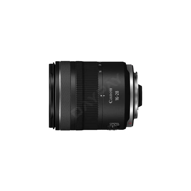 キヤノンの超広角ズームレンズ「Canon RF16-28mm F2.8 IS STM」の本体外観。デイペイレンタル｜DAYPAY RENTALの撮影機材レンタルでご利用いただけるカメラレンタル用レンズです。