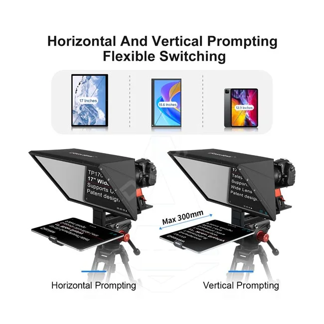 Desview TP170 Portable Teleprompter 수평 및 수직 프롬프팅 전환 모드와 태블릿 거치 상태를 보여주는 상세 이미지