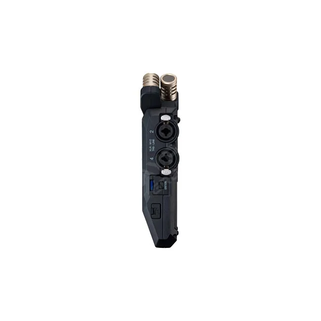Zoom H6 Essential 레코더 측면의 입력 단자와 상단 마이크 캡슐 상세