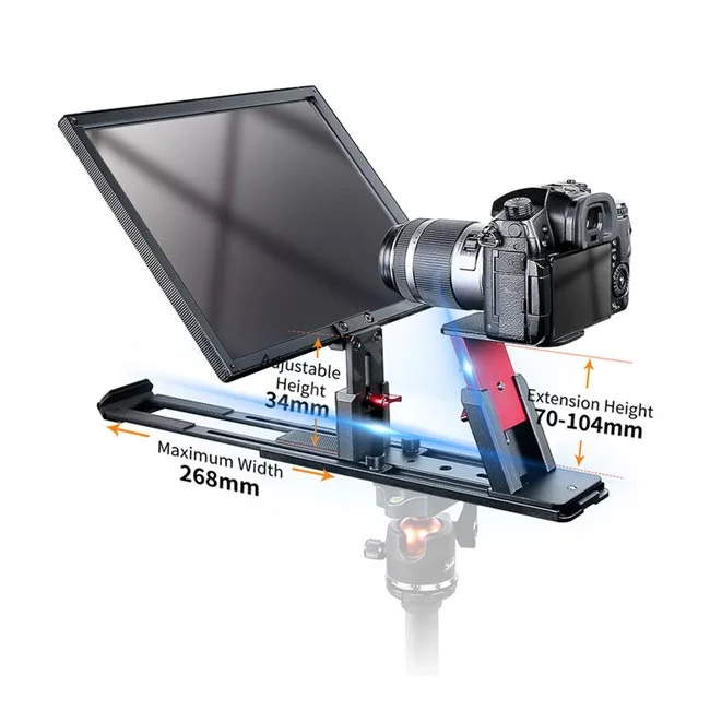 Desview T12S Portable Teleprompter 카메라 장착 상태와 높이 조절 구조