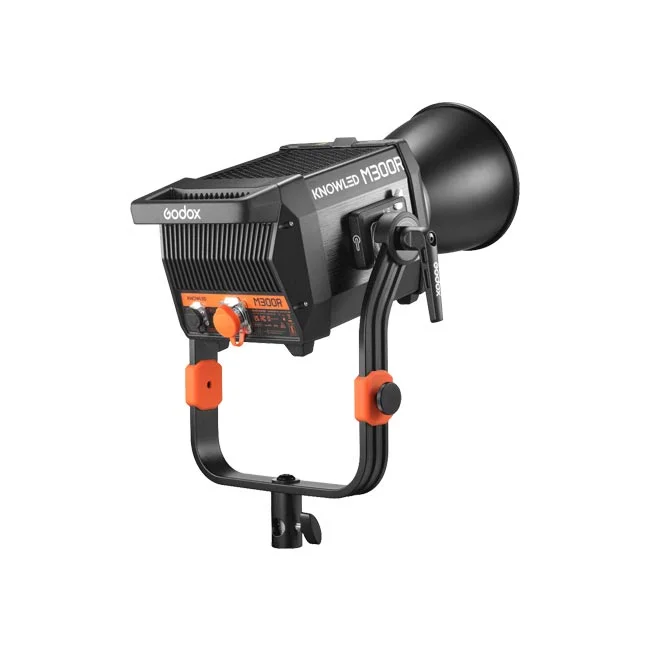 Godox M300R 측면 및 후면 컨트롤 패널과 요크 마운트