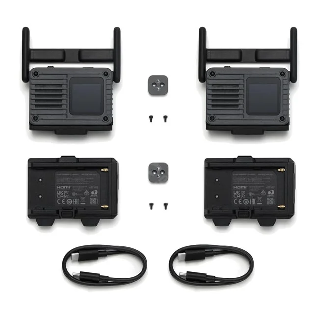 DJI SDR Transmission 2 콤보의 전면·후면 송수신기, 안테나, USB-C 케이블 구성