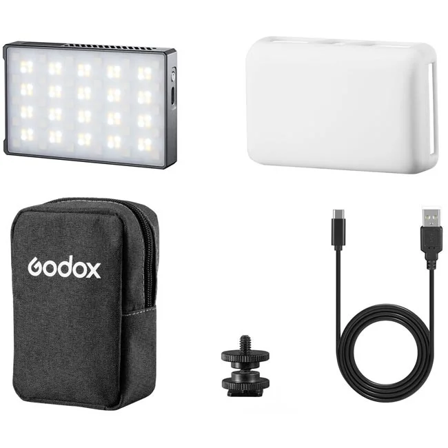 Godox C5R 본체와 실리콘 커버, 파우치, 마운트 어댑터, USB 케이블 구성품
