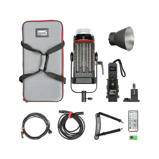 Aputure LS 300D II 본체, 컨트롤 박스, 전용 가방 및 포함된 구성품 전체