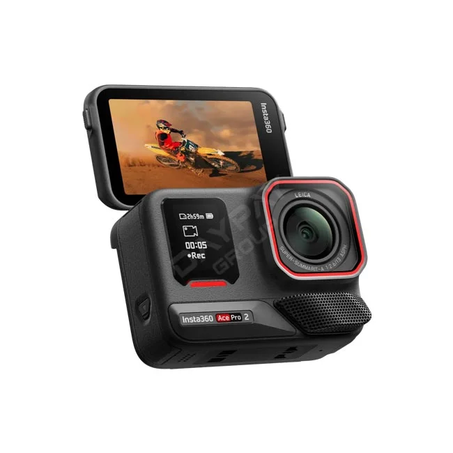 Insta360 Ace Pro 2 플립 화면이 위로 열려 있는 전면 및 상단 모습