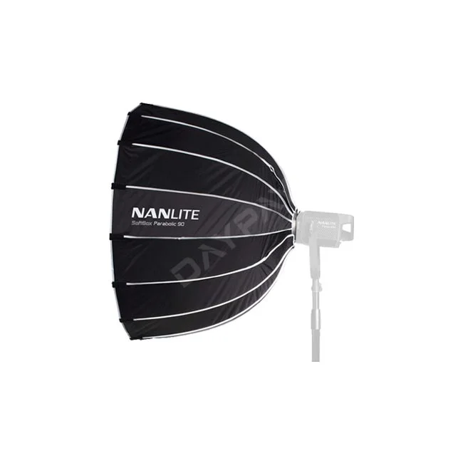 Nanlite Parabolic Softbox (90cm) 측면 외관과 장착된 모습