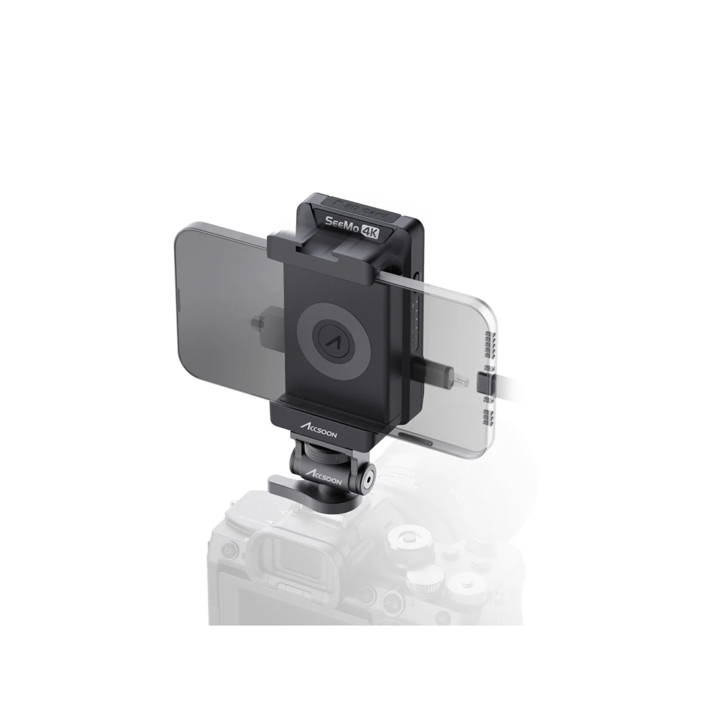 Accsoon CineView SeeMo 4K for iOS 스마트폰 장착 및 카메라 마운트 연결 상태