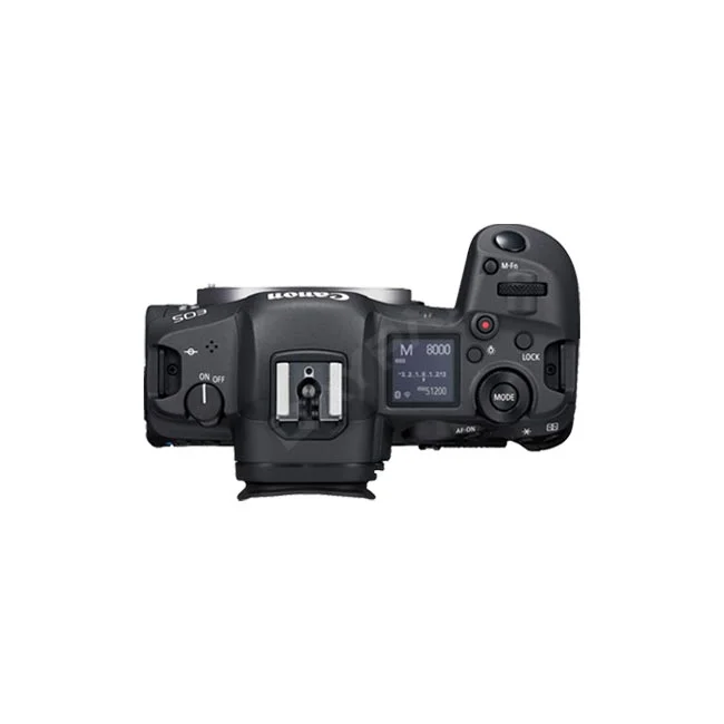 Canon EOS R5 상단부와 상단 액정 디스플레이 및 조작 버튼