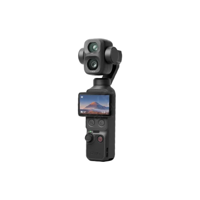 DJI Osmo Pocket 4P 브이로그 콤보 전면에 듀얼 카메라와 회전식 화면이 보이는 모습