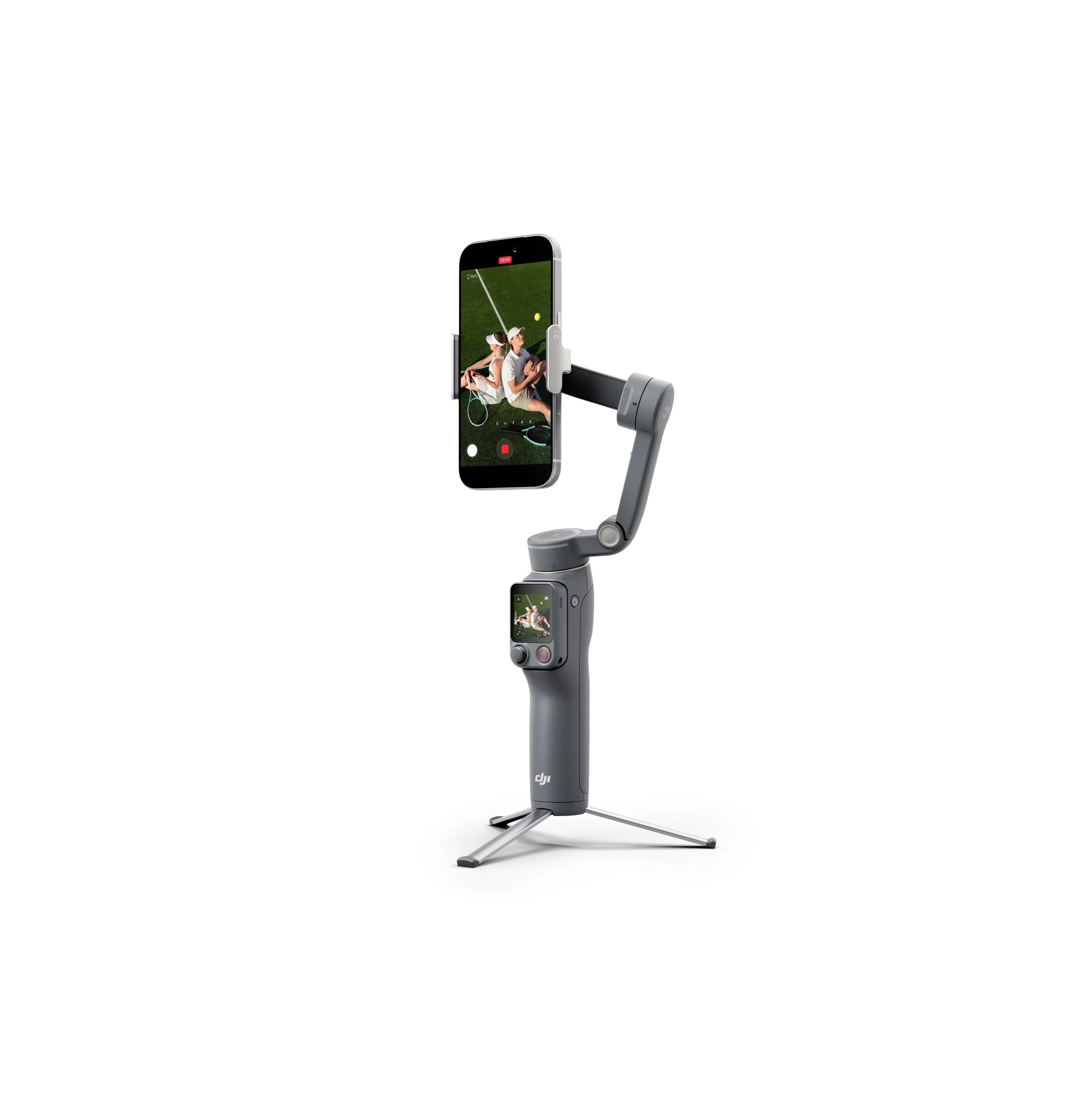DJI Osmo Mobile 8P 스탠더드 콤보 스마트폰 장착 상태의 짐벌과 미니 삼각대