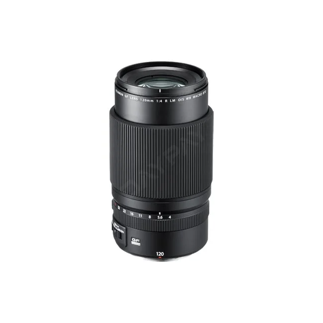 Fujifilm GF120mmF4 R LM OIS WR Macro 렌즈의 전면 및 조작부 모습