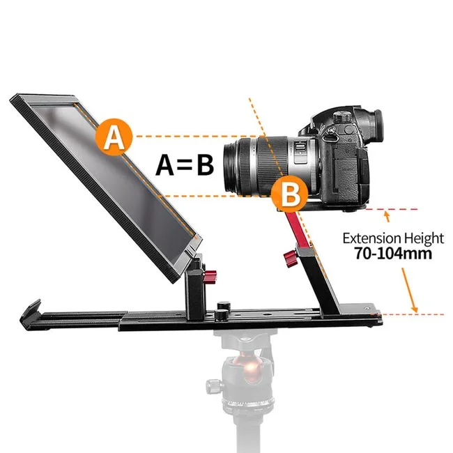 Desview T12S Portable Teleprompter 카메라 장착 높이 조절 구조와 A=B 정렬 안내 도표