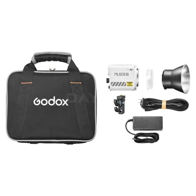 Godox ML60II Bi 본체와 전용 케이스 및 포함된 구성품들