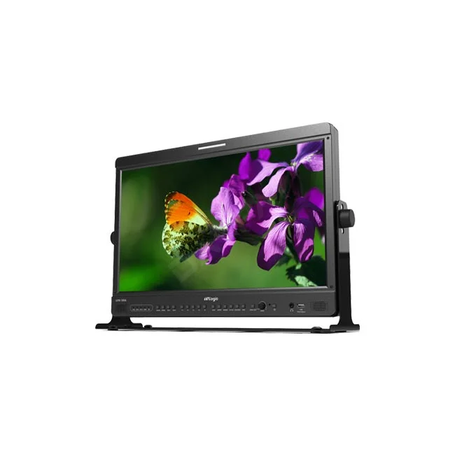 TVLogic LVM-180A 전면 패널과 조작 버튼 및 스탠드