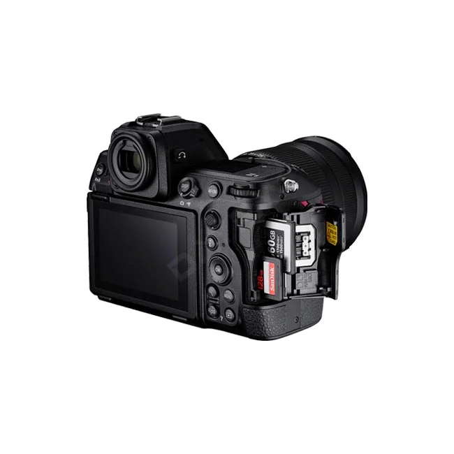 Nikon Z8 메모리 카드 슬롯 커버가 열린 상태와 후면 조작부