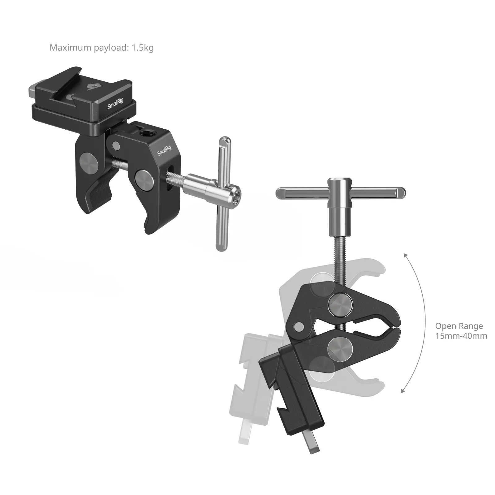 SmallRig V-Mount Crab Clamp 제품의 집게 개폐 범위와 구조를 설명하는 상세 이미지