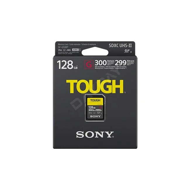Sony UHS-II SF-G128T TOUGH 128GB (V90) 제품 패키지와 SD 카드 본체 전면
