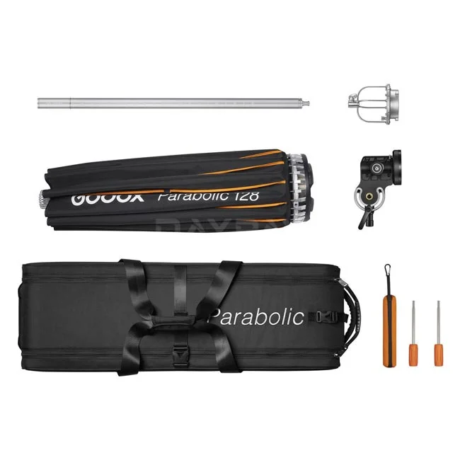 Godox Parabolic P128 Kit 구성품과 가방