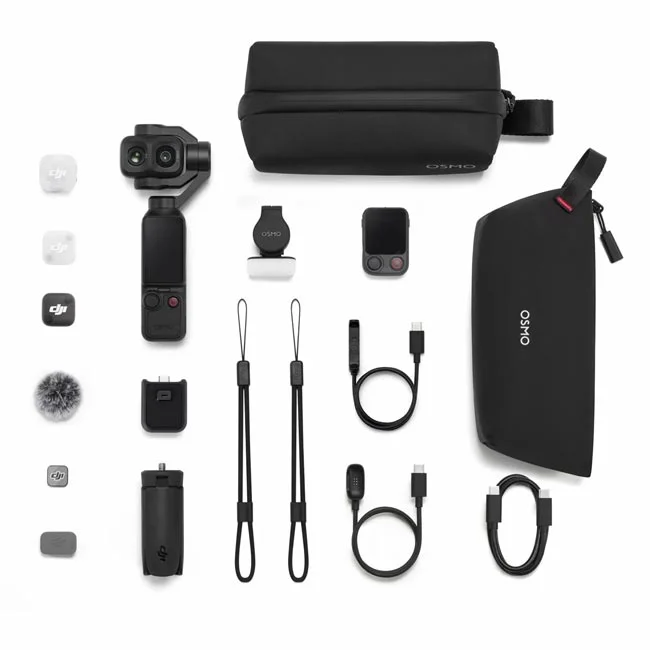 DJI Osmo Pocket 4P 브이로그 콤보와 케이스, 스트랩, 케이블 등 구성품을 위에서 배치한 모습
