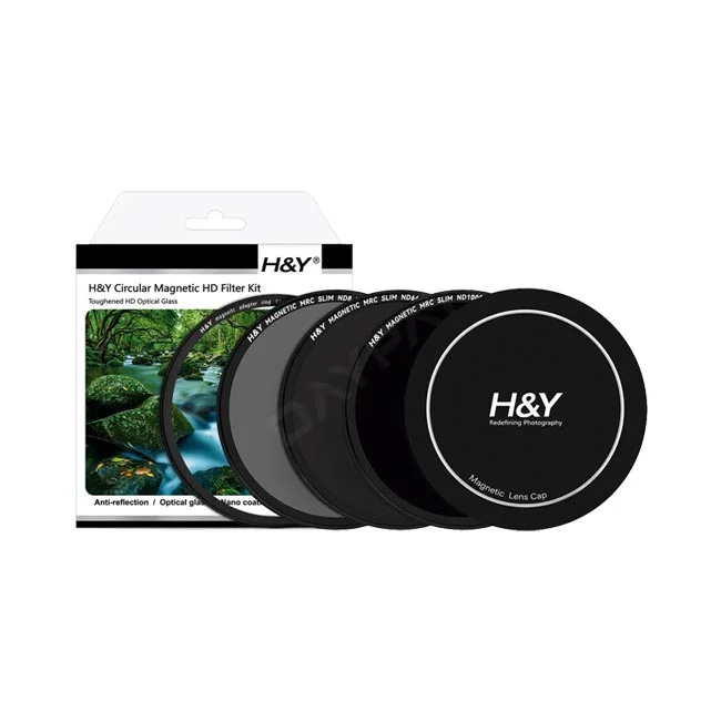 H&Y ND8 ND64 ND1000 필터 키트 (82mm) 패키지와 포함된 필터 및 마그네틱 렌즈 캡 구성