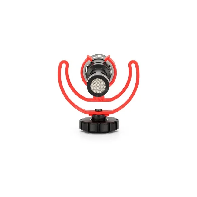 RODE VideoMicro 마이크 정면 전면 그릴과 쇼크 마운트 장착 모습