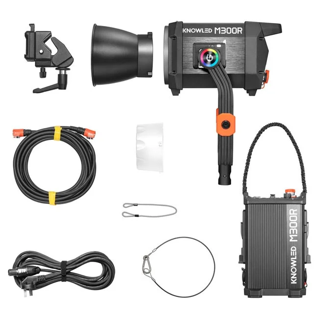 Godox M300R 본체와 컨트롤러, 전원 케이블 및 구성품 전체 구성