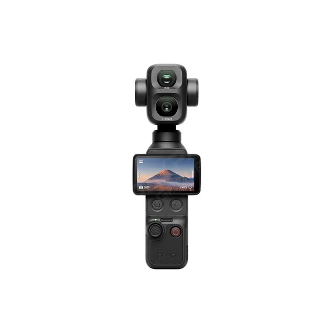 DJI Osmo Pocket 4P 브이로그 콤보 전면 모습, 회전식 화면이 펼쳐진 짐벌 카메라