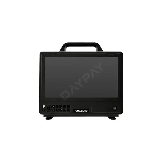 SmallHD Cine 13 전면부와 상단 손잡이, 하단 조작 버튼 및 로고