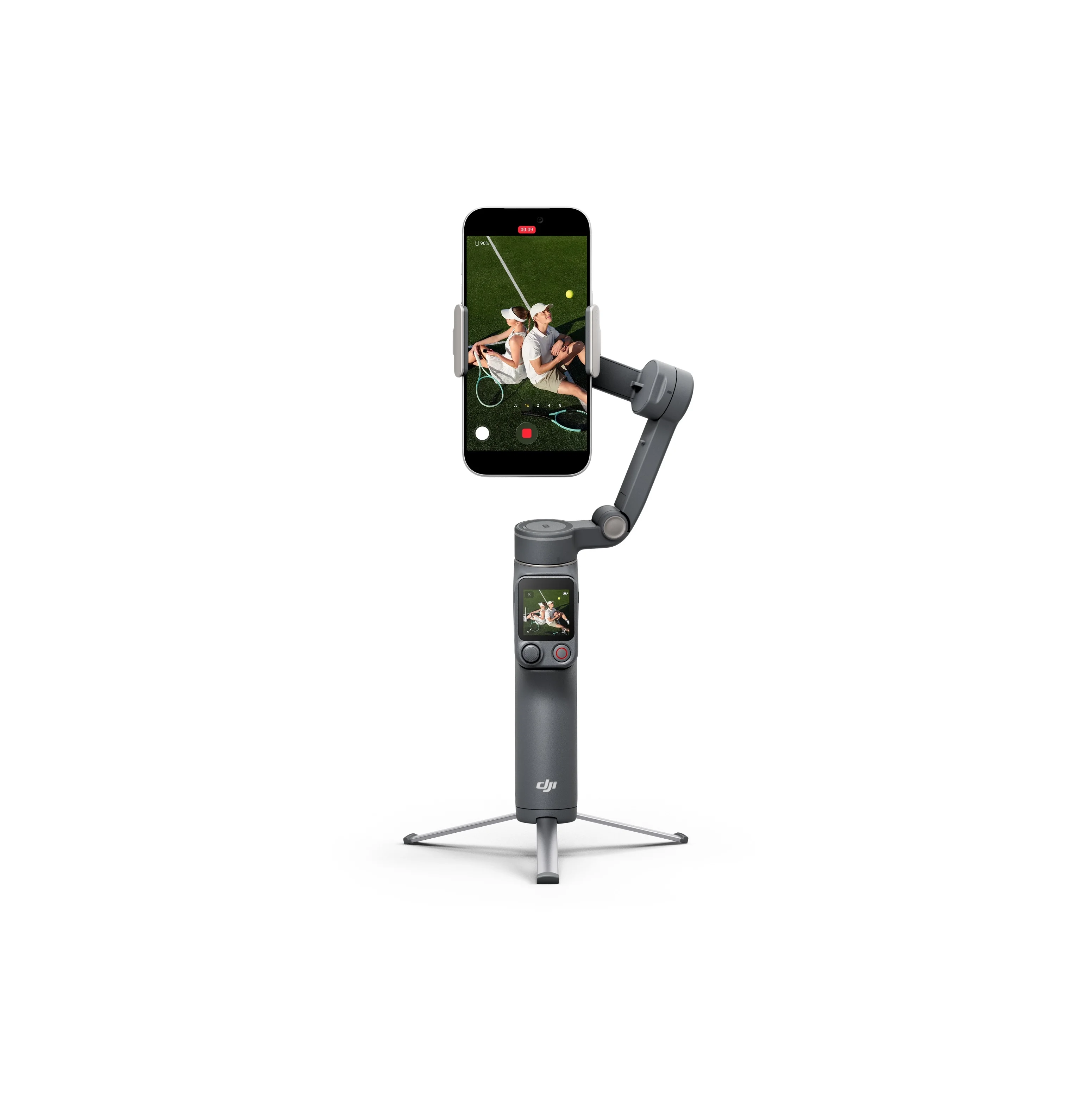 DJI Osmo Mobile 8P 스탠더드 콤보 스마트폰 짐벌, 스마트폰 장착 및 미니 삼각대 펼친 모습