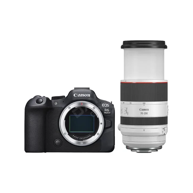 Canon R6M2 카메라와 RF 70-200mm 렌즈 정면 구성