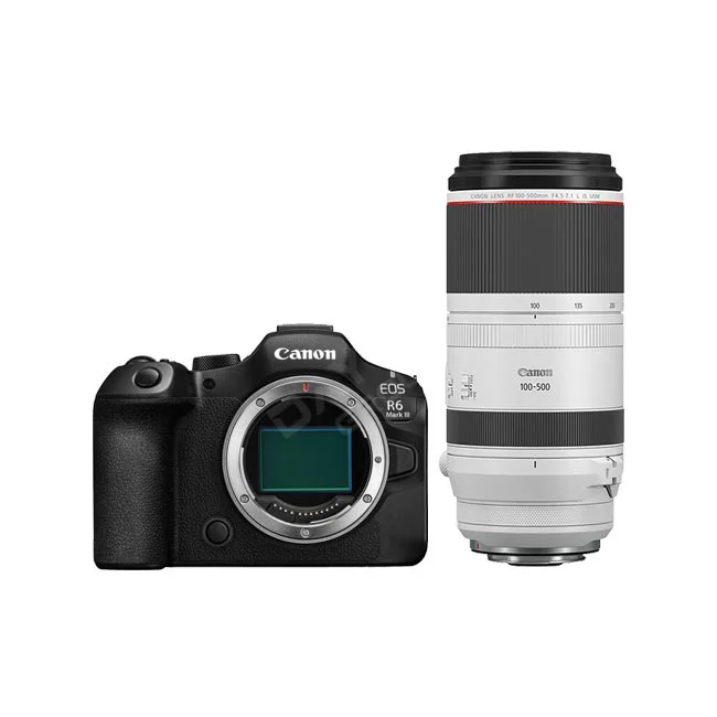 Canon EOS R6 Mark III 카메라 바디와 RF 100-500mm 렌즈 정면 모습