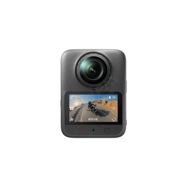 DJI Osmo 360 II 어드벤처 콤보 전면의 대형 렌즈와 촬영 화면