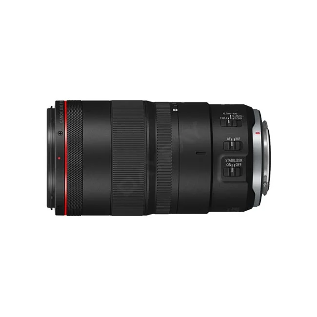 Canon RF100mm F2.8 L Macro IS USM 鏡頭側身視角，展示控制開關與鏡身外觀，由日付租賃 DAYPAY RENTAL 提供專業相機出租與器材租賃服務