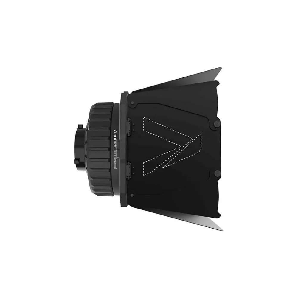 Aputure CF7 Fresnel and Barn Doors Kit 側面細節，呈現 Bowens 卡口、聚光鏡與八葉遮光扉結構