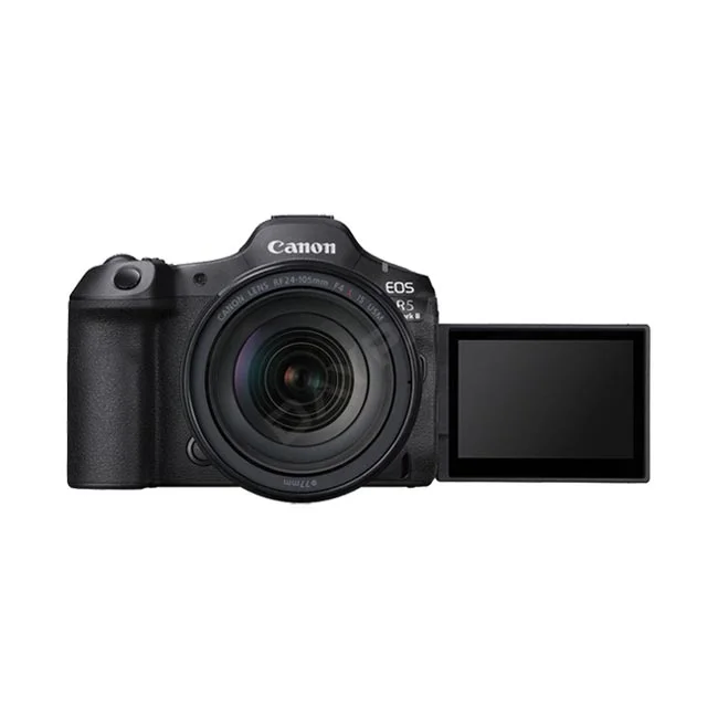 Canon EOS R5 Mark II 相機正面視角，搭配鏡頭與展開的側翻螢幕，提供專業相機出租與器材租賃服務 - 日付租賃 DAYPAY RENTAL