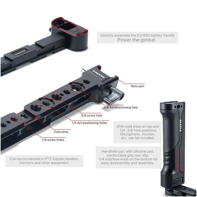 Tilta Dual-Handle Power Supply Bracket 延伸臂與手柄細節及介面配置
