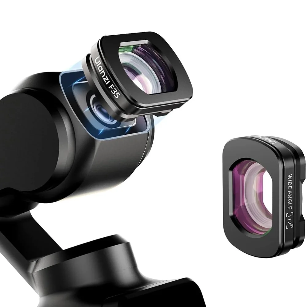 Movmax Pocket 3 Wide Angle Lens 磁吸式廣角鏡安裝於 DJI Osmo Pocket 3 鏡頭前方,旁附鏡頭本體示意