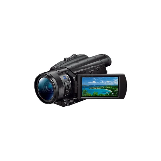 Sony FDR-AX700 數位相機側面視角，展開 3.5 吋液晶螢幕顯示風景畫面，提供給日付租賃 DAYPAY RENTAL 的專業相機出租與相機租賃服務。