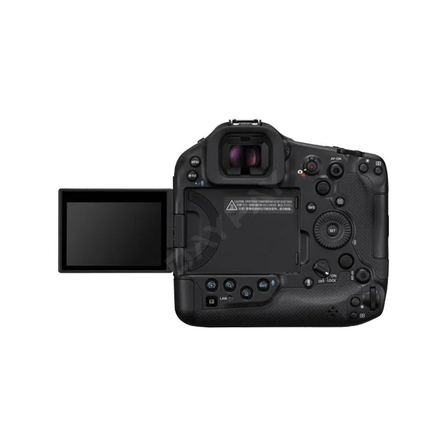 Canon EOS R1 相機背面特寫，顯示翻轉螢幕與操作按鈕配置，提供專業器材出租與相機租賃服務。