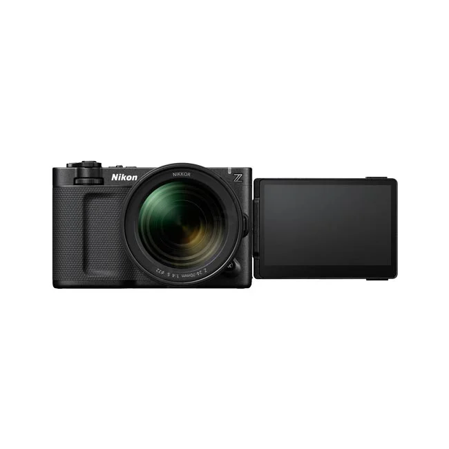 Nikon ZR 機身正面與側翻式螢幕展開狀態