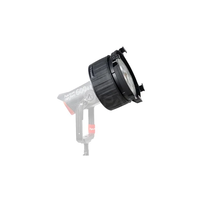Aputure F10 Fresnel 裝配於 Aputure 600d Pro 燈具上的外觀與正面透鏡特寫