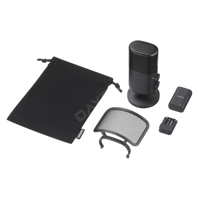 Sony ECM-S1 無線串流麥克風本體與隨附收納袋、防噴罩及接收器等配件