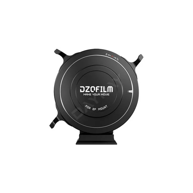 在日付租賃 DAYPAY RENTAL 提供的 Dzofilm Octopus Adapter (EF to E) 器材出租中，此圖片展示了轉接環正面帶有 DZOFILM 標誌與解鎖指示的視角，適合有相機出租與相機租賃需求的專業劇組。