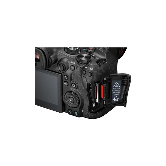 Canon EOS R6 Mark III 相機出租的雙卡槽側邊特寫，呈現記憶卡插槽與按鍵配置，由日付租賃 DAYPAY RENTAL 提供專業器材出租與相機租賃服務。