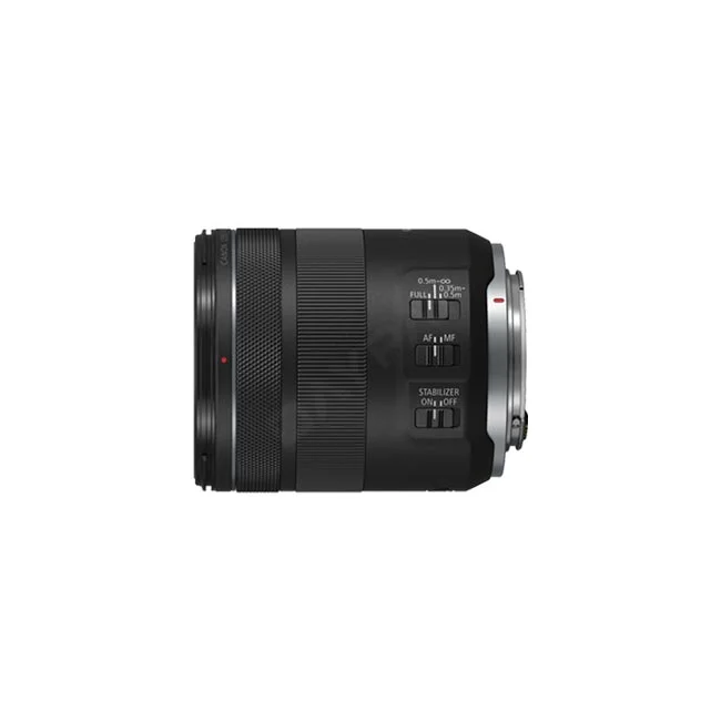 Canon RF85mm F2 Macro IS STM 鏡頭側面外觀，展示對焦距離切換撥鈕與防手震開關，提供高品質器材出租與相機租賃服務。